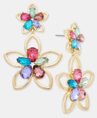 Multicolor Crystal Flower Double Drop Earrings 