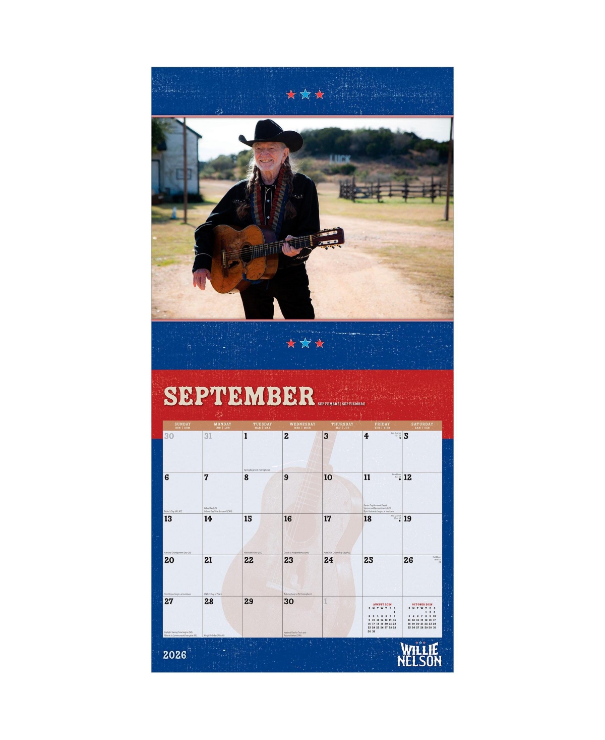BrownTrout Willie Nelson Official 2026 12 x 24 Inch (Hanging) Monthly Square Wall Calendar Plastic-Free