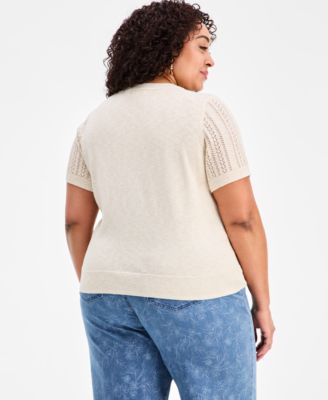 Plus Size Short-Sleeve Pointelle Sweater