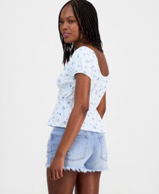 Juniors' Printed Puff-Sleeve Peplum Peasant Top