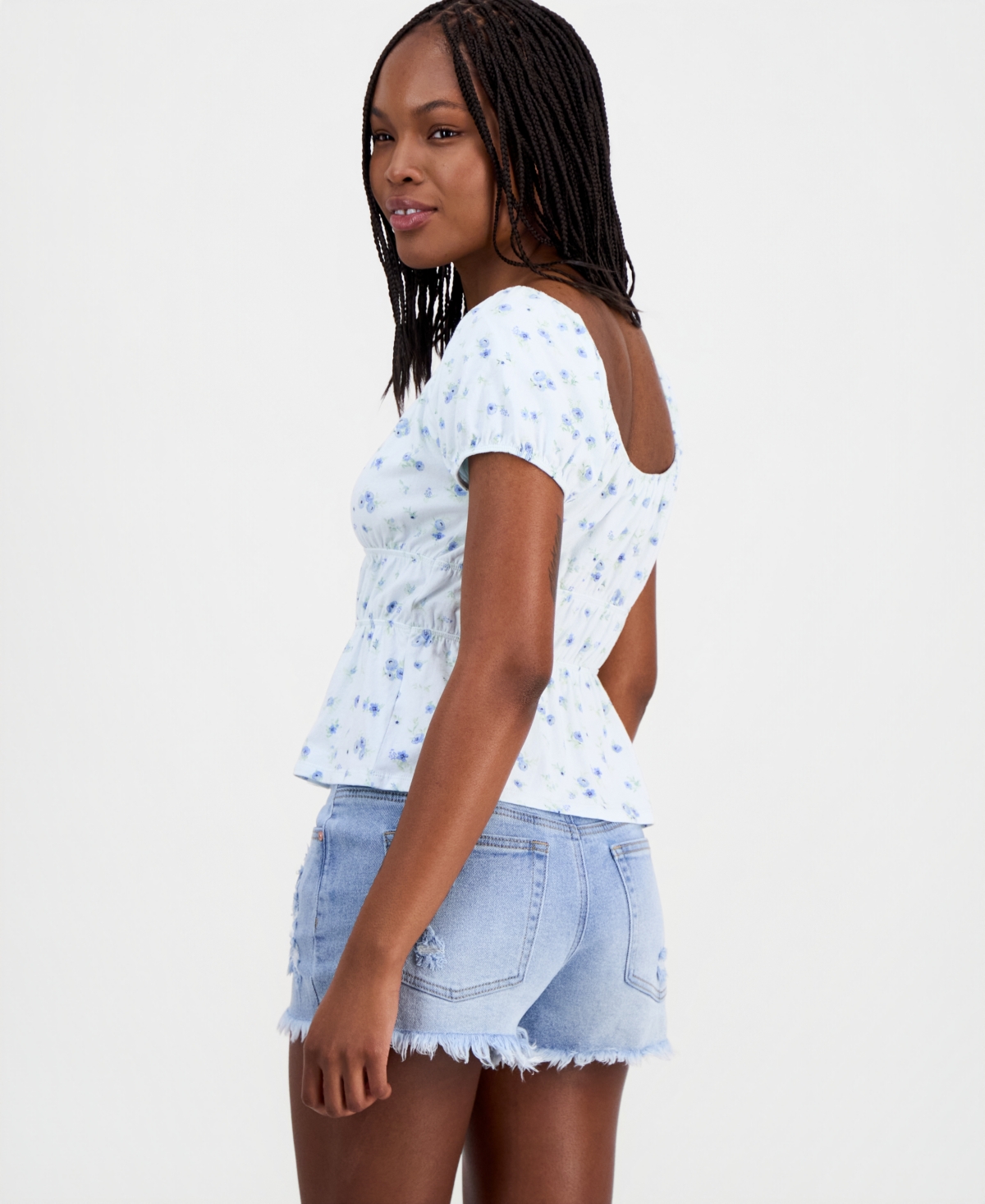 Hippie Rose Juniors' Printed Puff-Sleeve Peplum Peasant Top