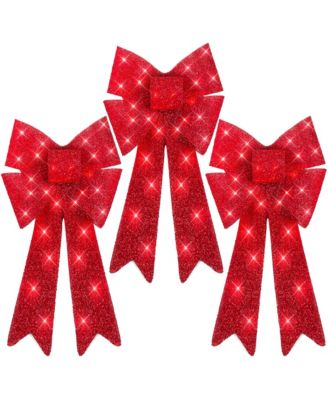 Set of 3 Pre-Lit Christmas Bows, Indoor/Outdoor LED Holiday Decor w/ 8 Light Functions