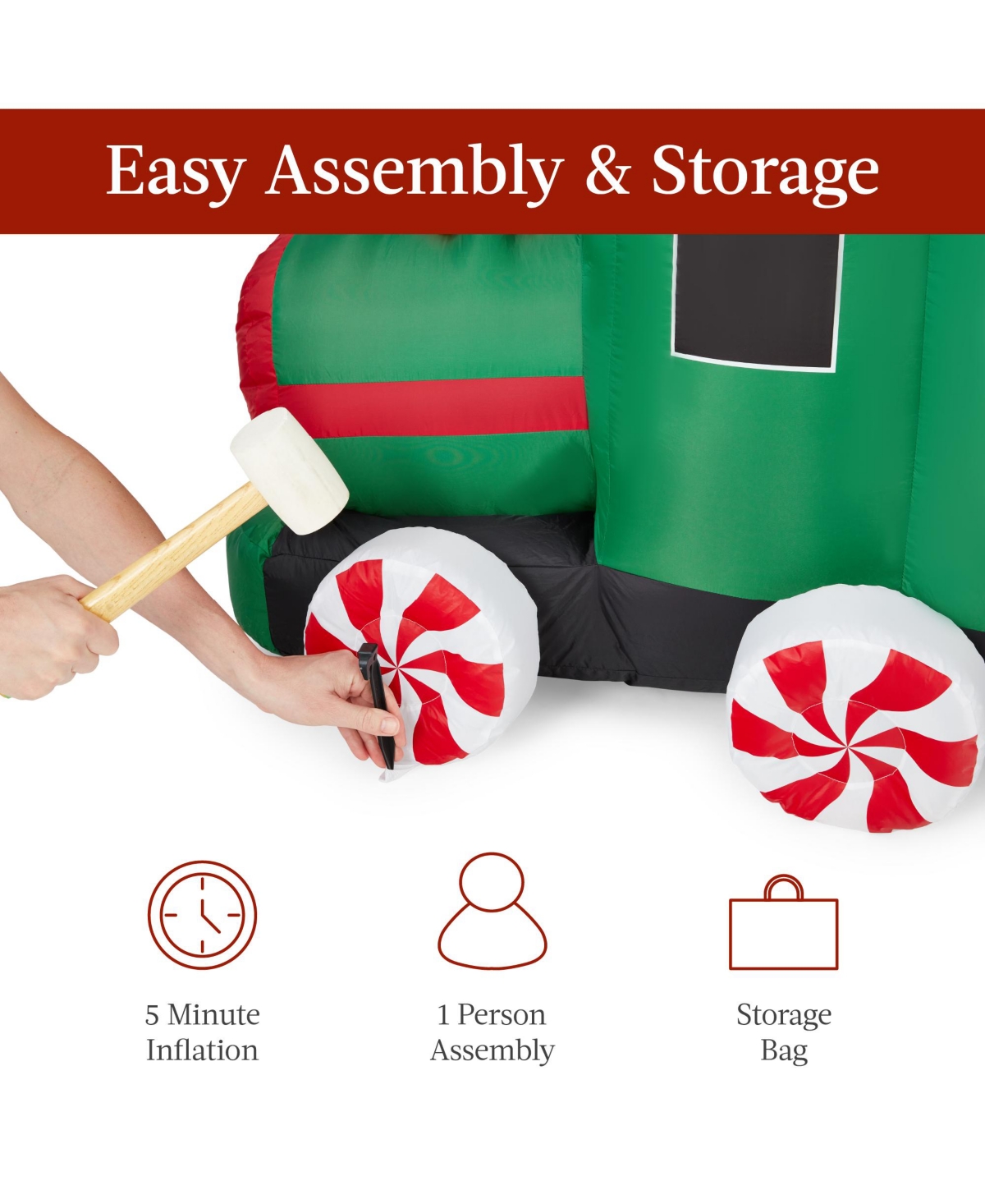 Best Choice Products 8.5 x 5ft Pre-Lit Inflatable Christmas Train & Animated Santa Claus w/ 10 Led Lights, Ground Stakes