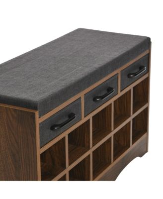 Entryway Storage Bench with Drawers, Shoe Compartments and Cushioned Seat in Mid Century Walnut Wood Grain