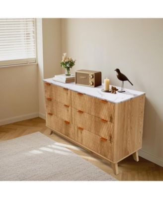 Fluted 6-Drawer Dresser With Faux Marble Top, Modern Curved TV Stand，Sturdy Storage Cabinet for TVs Up to 55"