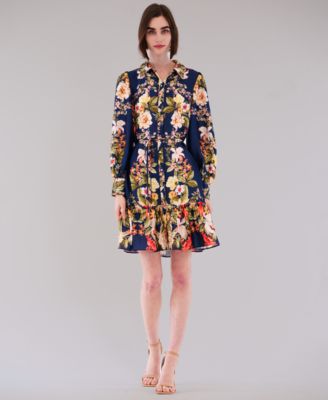 Women's Printed Button-Front Long-Sleeve Dress