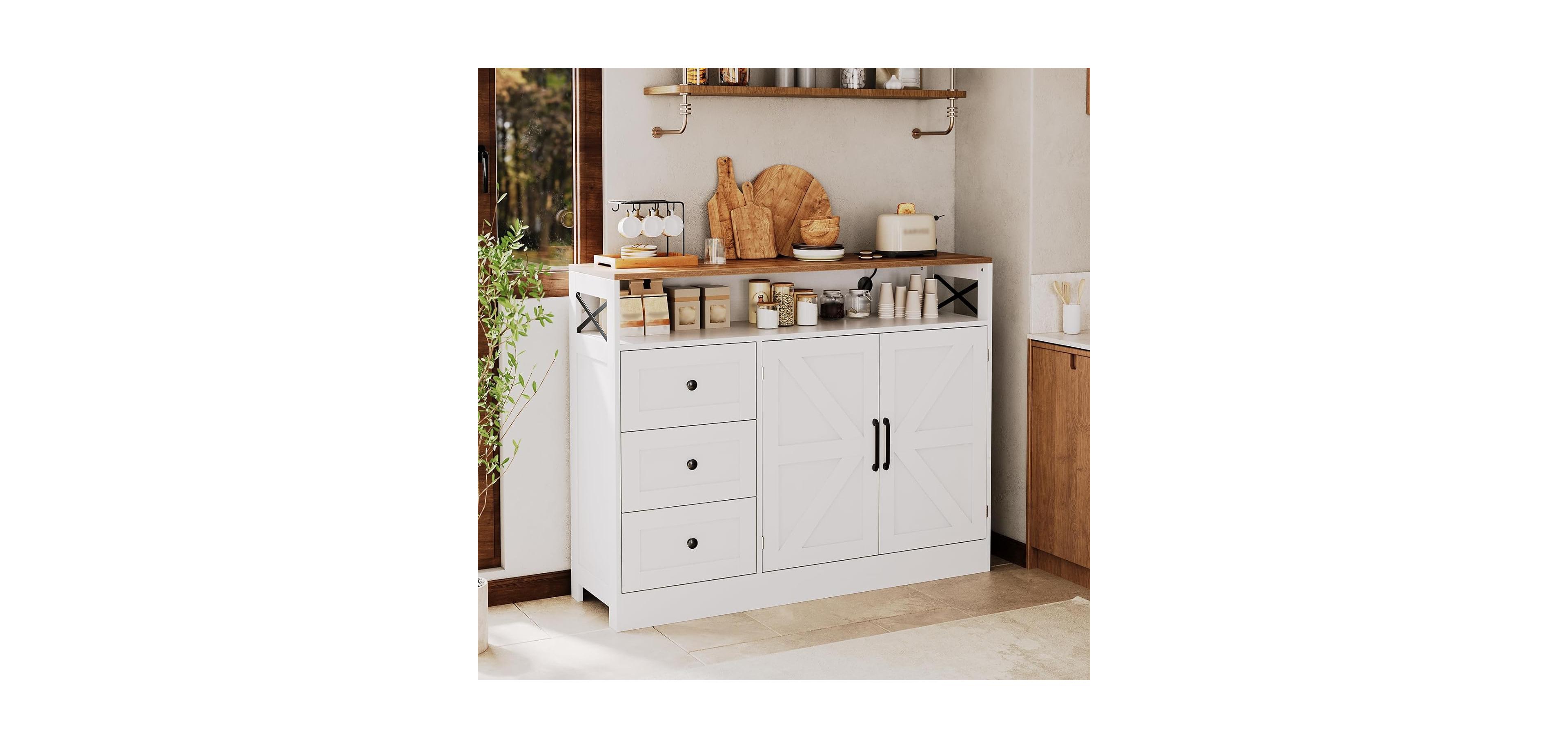 Gaomon 47.2" Buffet Cabinet with Power Outlet, 3 Drawers & 2 Barn Doors, Modern Farmhouse Sideboard Storage forLiving Room, Coffee Bar, Black