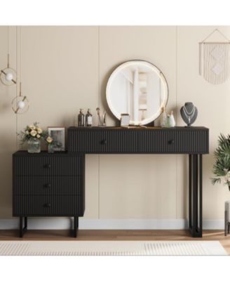 Vanity Desk with Mirror and Lights, Small Makeup Vanity with 5 Drawers, Modern Makeup Vanity Organizer with 3 Color Lights