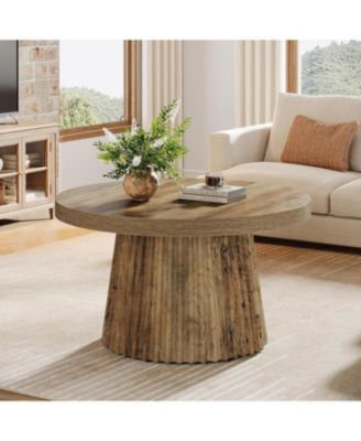 Round Coffee Table, 31.5" Modern Circle Center Table with Fluted Drum Base and Wood Grain Finish