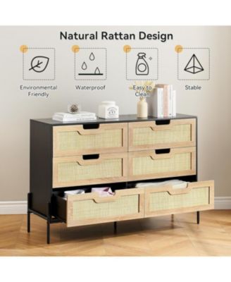 6-Drawer Rattan Dresser, Natural Woven Fronts with Solid Metal Legs