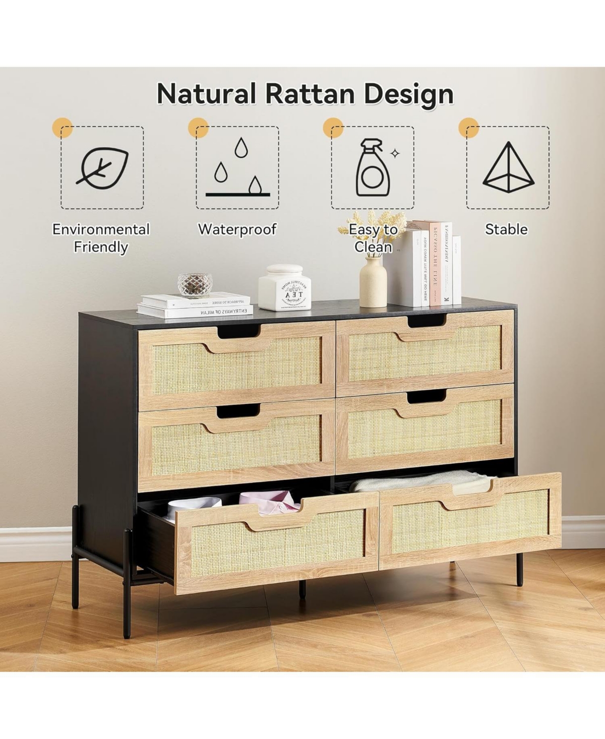 Gaomon 6-Drawer Rattan Dresser, Natural Woven Fronts with Solid Metal Legs
