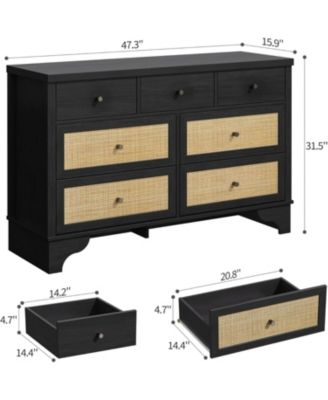 47.3" Wide 7-Drawer Bedroom Dresser, Modern Wood Chest with Natural Rattan Drawers for Living Room, Hallway, or Entryway