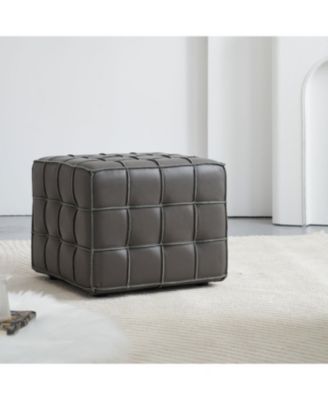 Streamdale Genuine Leather Tufted Ottoman, Footstool for Living Room & Bedroom, Grey