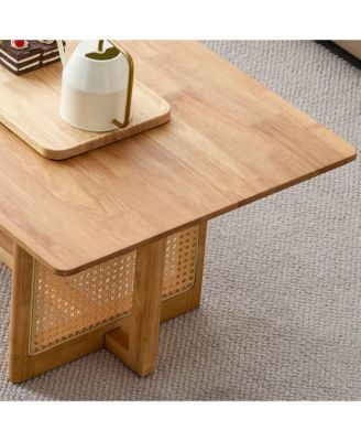 47.24" Rectangular Solid Wood Coffee Table with Imitation Rattan Design, for Living Room