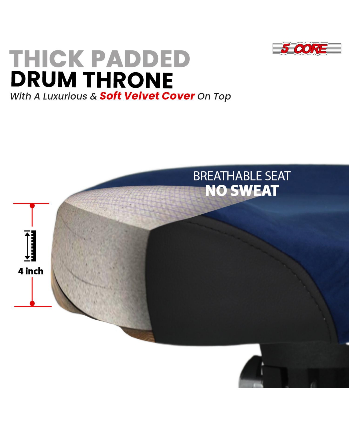 5 Core Drum Throne w Backrest 4" Padded Stool Airlift 25" Adjustable Drummer 441Lb Capacity