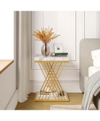 Square End Table White Gold 2-Tier Side Table (2, Faux Marble White+Gold)