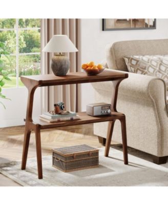 Solid Wood Side Table, 2-Tier Farmhouse Couch Side Table, Rustic Brown