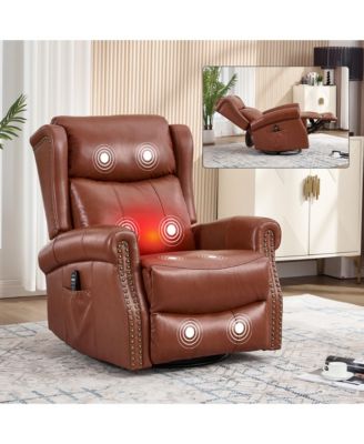 Genuine Leather Recliner Chair with Rocker and Swivel, Heat Massage for Living Room, Yellow