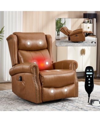 Genuine Leather Recliner Chair with Rocker and Swivel, Heat Massage for Living Room, Yellow