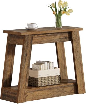 Wood End Table, Small Side Table with 2 Storage Shelves, Rustic Accent Narrow Nightstand for Living Room, Bedroom (1)