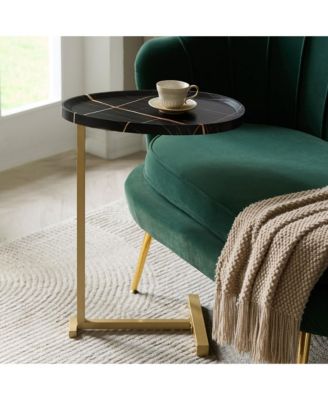 Wood and Gold Metal C-Shaped Side Table for Sofa, Snack or End Table