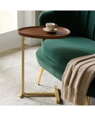 Wood and Gold Metal C-Shaped Side Table for Sofa, Snack or End Table