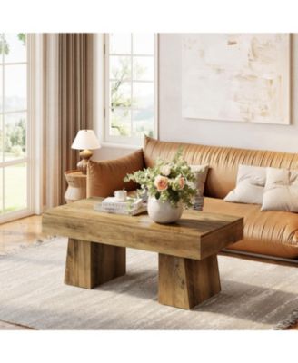 Farmhouse Coffee Table, 47 Inch Wooden Rectangular Center Table with Thick Base