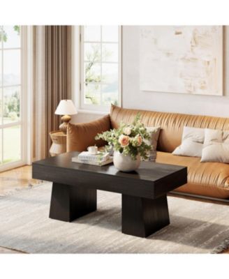 Farmhouse Coffee Table, 47 Inch Wooden Rectangular Center Table with Thick Base