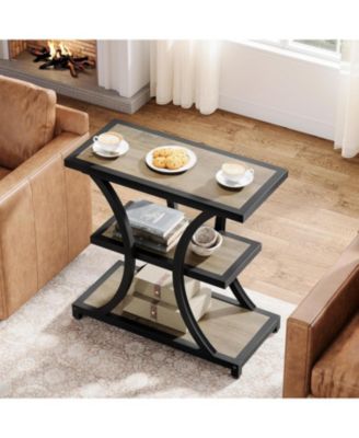 End Table with Storage, 3-Tier Side Table with Geometric Metal Design, Industrial Nightstand