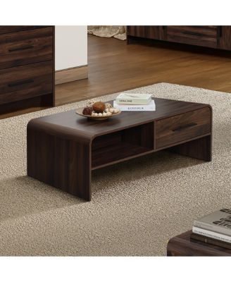 Walnut Finish 2-Drawer Coffee Table, Engineered Wood Open Storage Center Table with Rounded Corners for Living Room