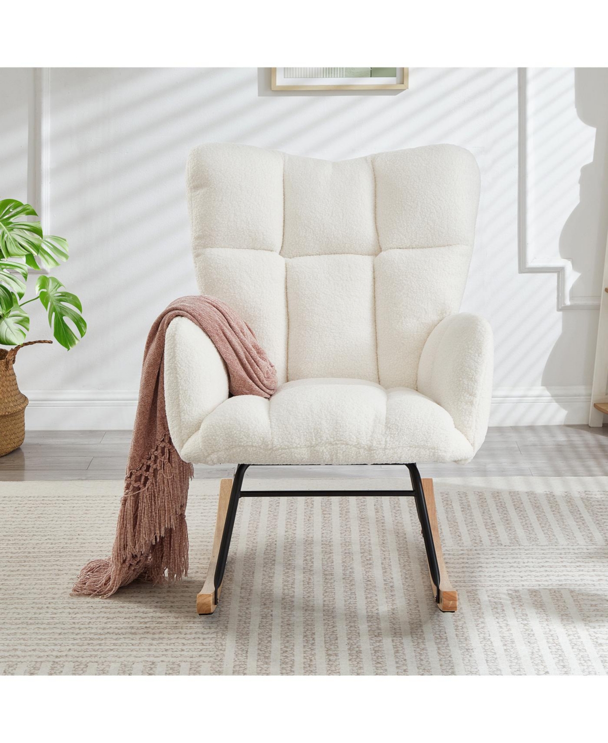 Streamdale Glider Chair for Living Room Tufted Teddy Fabric Rocking Chair Ivory White