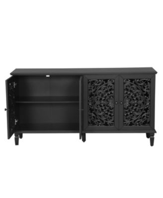 60" Antique Black Buffet Cabinet - Floral Carvings, Solid Wood Legs