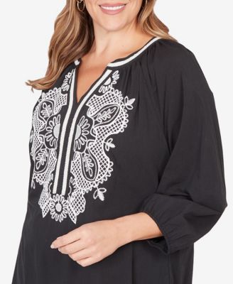 Plus Size Embroidered Soft Poplin Peasant 3/4 sleeves Top