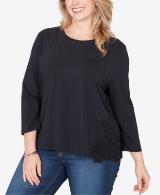 Plus Size Crochet Crew Neck Applique Stretch Knit Top