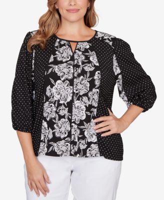 Plus Size Floral Panel Crinkle Knit Peasant Top