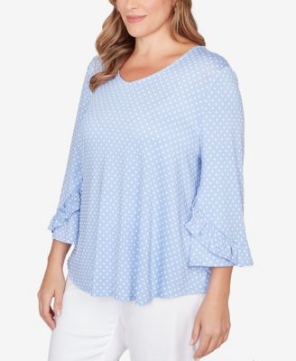 Plus Size V-Neck Polka Dot Puff Print Knit Top