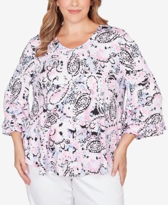 Plus Size V-Neck Paisley Ruffle Sleeve Knit Top