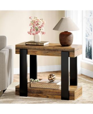 Narrow Wood End Table Set of 2, 2-Tier Farmhouse Side Table for Living Room
