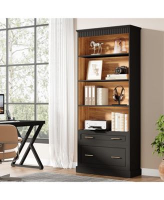 2-Drawer Vertical File Cabinet, Modern Black Filing Cabinet with 5-Tier Bookshelf, Large Printer Stand