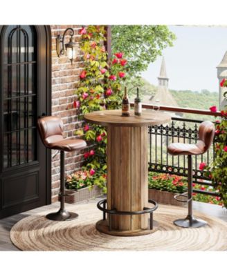 Round Bar Table, 39.4" H Wood Bistro Pub Table with Metal Ring Footrest (Only Table)