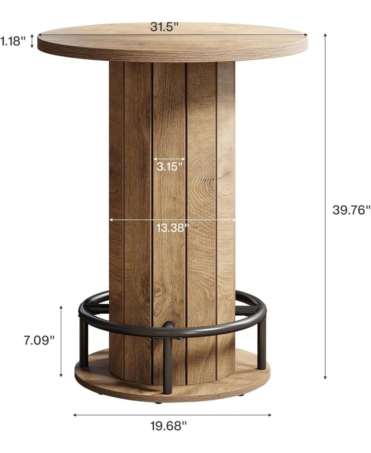 Tribesigns Round Bar Table, 39.4" H Wood Bistro Pub Table with Metal Ring Footrest (Only Table)