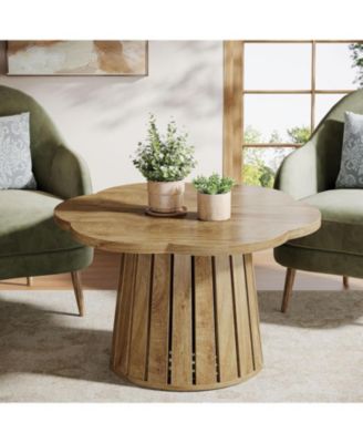 33.5" Round Coffee Table, Farmhouse Circle Center Table with Floral Tabletop & Wood Base