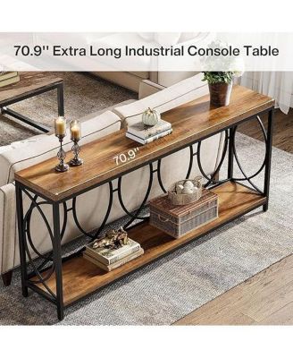 70.9-Inch Extra Long Console Table, 2-Tier Industrial Table Behind Couch with Storage Shelf, Narrow Entryway