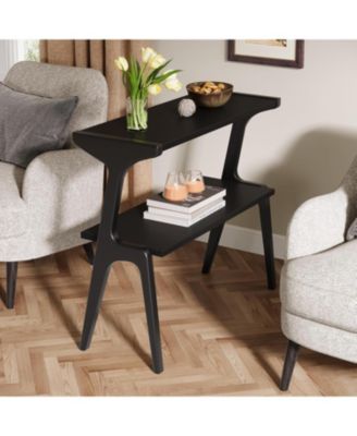 Solid Wood End Table, 2-Tier Modern Slim Couch Side Table with Storage Shelves, Black
