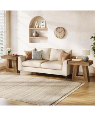 24" Modern Side Table, 2-Tier Narrow Wooden End Table with Trapezoid Base (1, Brown)