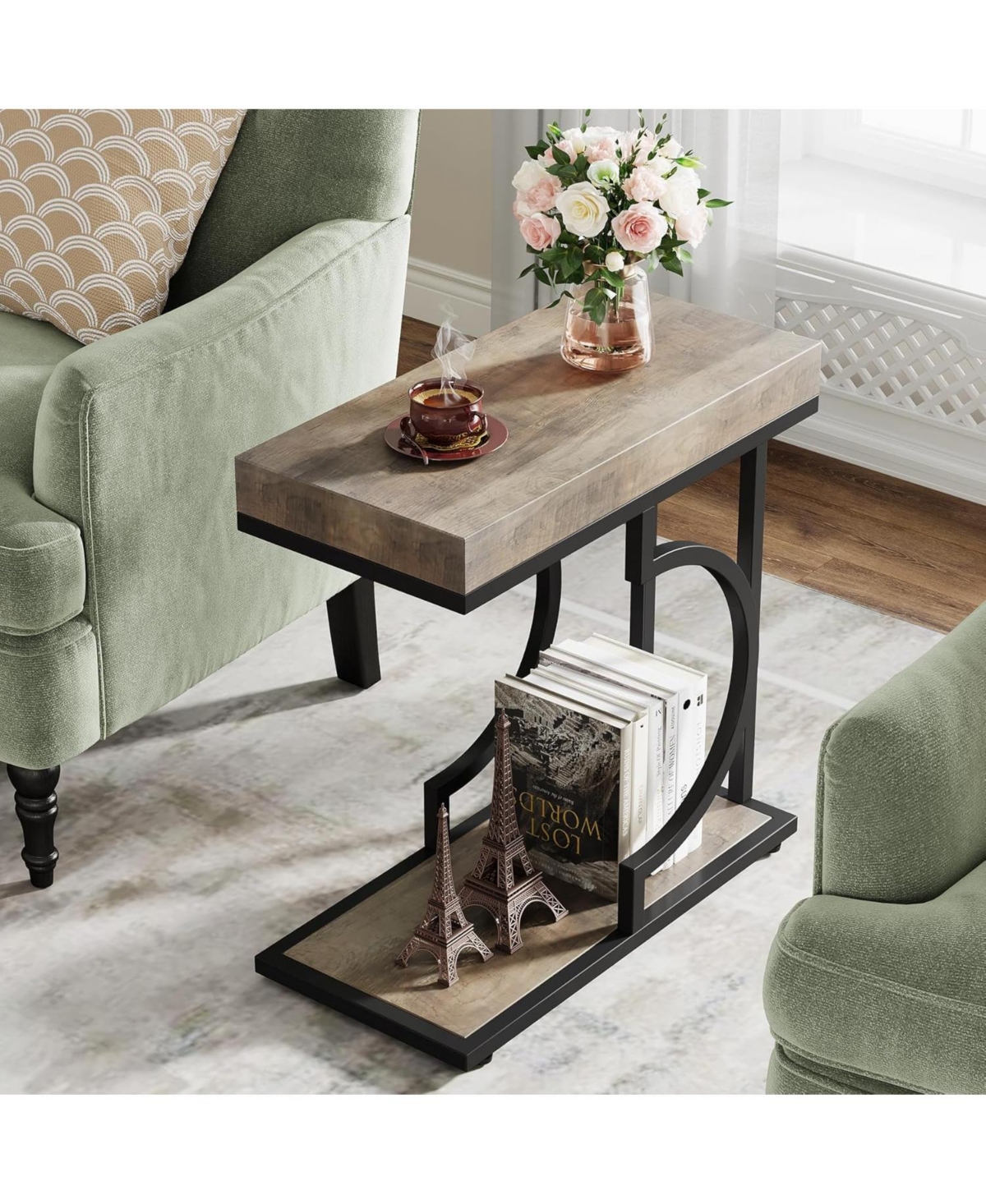 Tribesigns Narrow Side Table, C Shaped End Table, Modern Bedside Tables for Couch (1, Gray+Black)