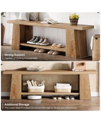 Modern Bedroom Bench with Storage Shelf, Solid Wood Entryway Bench
