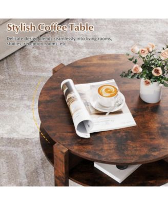 29.5'' 2-Tier Round Coffee Table w/ Storage 4 Shelves Faux Wooden Top