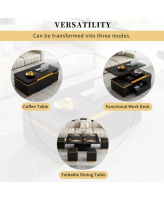 Lift-Top Coffee Table with 4 Storage Stools, Modern Space Saving Center Table with Foldable Top, Multi-Functional Adjustable Coffee  Table