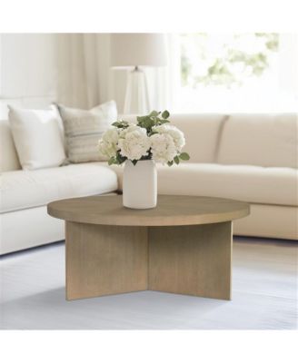 Round Coffee Table with Starburst Veneer Top, Reclaimed Greige Wood Finish, Modern Living Room Design